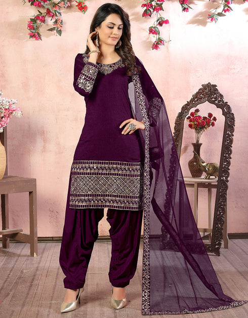Traditional Function Wear Suit Collection Purple Art Silk Patiyala Straight Close-up View